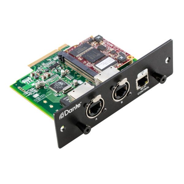 ACCESORIOS Tarjeta de expansión para conectar la mesa digital MACKIE DL32R a cualquier red de audio con el protocolo Dante. 32x32 canales de audio a 48 kHz sobre cable Cat5e. Doble conector Ethercon para conexiones en daisy-chain o redundante. Puerto WiFi dedicado. Reconocimiento automático de dispositivos y renombrado con el software Dante Controller para Mac y PC. Incluye el soft Dante Virtual Soundcard para grabación de hasta 64x64 canales vía Mac o PC.Instalación fácil con dos tornillos. Dimensiones:44 x 147 x 122 mm. Peso: 0.5 Kg.