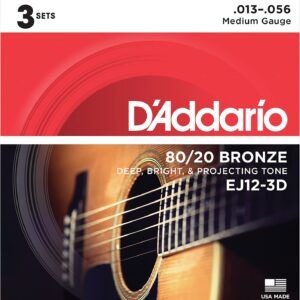 JUEGO CUERDAS PARA GUITARRA ACUSTICA Pack de 3 juegos de cuerdas Guitarra Acústica EJ12 80/20 Bronze Medium (013 - 017 - 026 - 035 - 045- 056). El calibre de Bronce 80/20 más duro de D Addario
