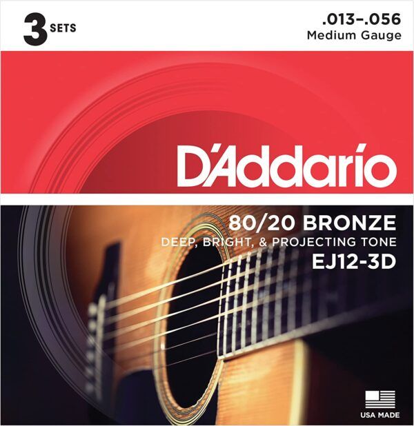 JUEGO CUERDAS PARA GUITARRA ACUSTICA Pack de 3 juegos de cuerdas Guitarra Acústica EJ12 80/20 Bronze Medium (013 - 017 - 026 - 035 - 045- 056). El calibre de Bronce 80/20 más duro de D Addario