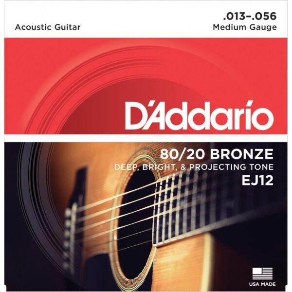 JUEGO CUERDAS PARA GUITARRA ACUSTICA Juegos de cuerdas Guitarra Acústica EJ12 80/20 Bronze Medium (013 - 017 - 026 - 035 - 045 - 056). El calibre de Bronce 80/20 más duro de D'Addario