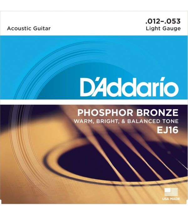 JUEGO CUERDAS PARA GUITARRA ACUSTICA Juegos de cuerdas Guitarra Acústica Serie EJ Phosphor Bronze Light (012 - 016 - 024 - 032 - 042 - 053). Las cuerdas D'Addario Phosphor Bronze para guitarra acústica son reconocidas por todo el mundo por su magnífico y duradero tono. El Bronce de Fósforo fue introducido para la fabricación de cuerdas por D'Addario en 1974 y se ha hecho sinónimo de calidez