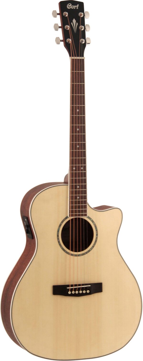 GUITARRA ELECTROACUSTICA DE 6 CUERDAS CON CUTAWAY Guitarra acústica electrificada con cutaway de tipo Grand Auditorium. Mástil de caoba con diapasón de Merbaul. Cuerpo con aros y fondo de caoba