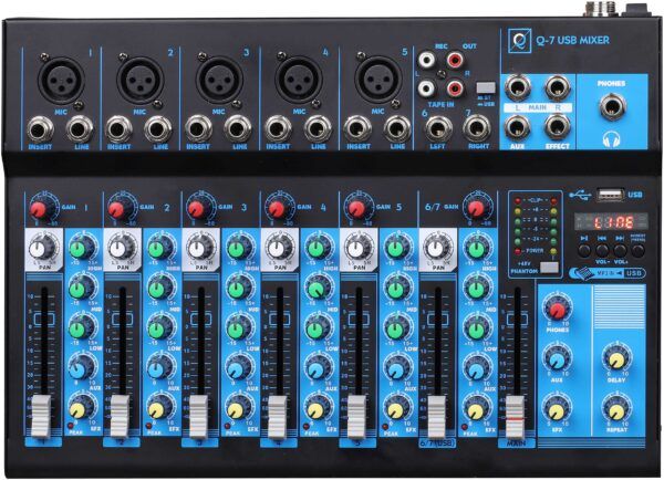 MESA DE MEZCLAS Mesa de mezclas 7 canales (5 Mono + 1 Estéreo). 5 entradas de micrófono XLR. 2 entradas de Línea. Control de ganancia y panorama por canales. DSP (Delay). Insertos para el uso de unidades de efectos externas. Salida estéreo en RCA. Ecualización activa de 3 bandas por canal. Controles de envío de AUX y FX por canal. Potenciómetros y faders de alta calidad. Salida de auriculares. Alimentación Phantom power +48V. Reproductor MP3 USB y Bluetooth. Construcción muy robusta. Fuente de alimentación incluida.