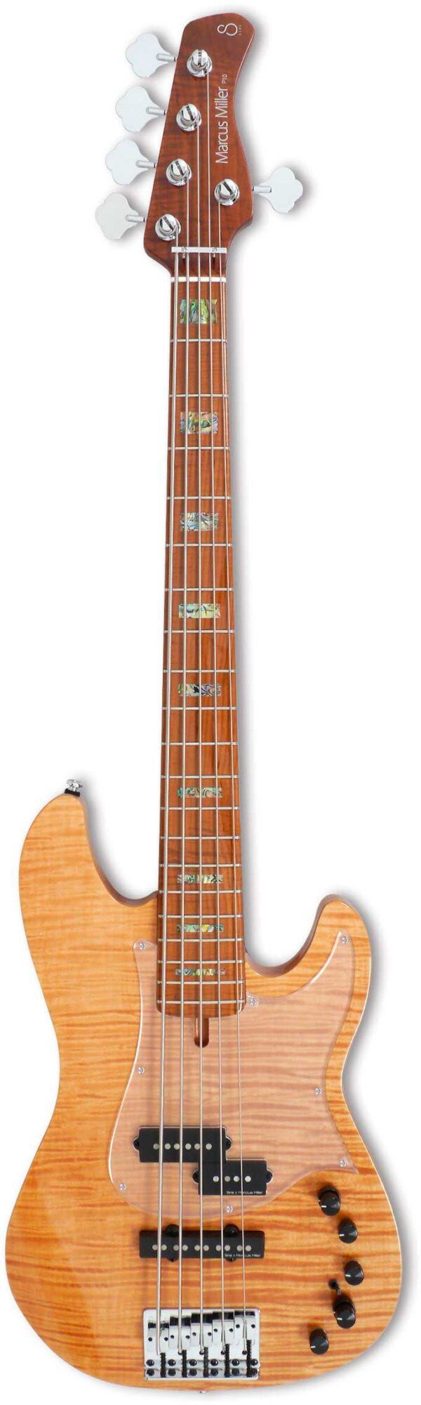 BAJO DE 5 CUERDAS Marcus Miller Bass. 2nd Gen. 5 cuerdas. Body Material: Alder + Solid Maple Top + Flamed Veneer. Body Shape: Sire Precision Bass Type. Neck Material: 1 Piece Hard Maple(Roasted Maple Neck / Satin Finish). Neck Shape: C-Shape. Scale: 34”. Neck Joint: 4 Bolt Steel Square Plate. Fingerboard: Flame Maple(Rolled Edges). Fingerboard Radius: 9.5?. Frets: 2.4 medium. String Nut: 5 String – Natural Bone 46mm width. Inlay: Abalone Block. Pickups: Marcus Premium-J Revolution Set. Electronics: Marcus Heritage-3 with Middle Frequency Control. Controls:  Volume / Tone(Dual Pot)  Pickup Blender  Treble  Middle / Middle Frequency(Dual Pot)  Bass