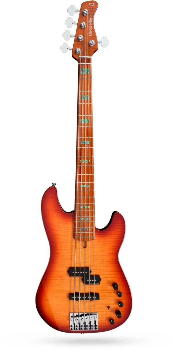 BAJO DE 5 CUERDAS Marcus Miller Bass. 2nd Gen. 5 cierdas. Body Material: Alder + Solid Maple Top + Flamed Veneer. Body Shape: Sire Precision Bass Type. Neck Material: 1 Piece Hard Maple(Roasted Maple Neck / Satin Finish). Neck Shape: C-Shape. Scale: 34”. Neck Joint: 4 Bolt Steel Square Plate. Fingerboard: Flame Maple(Rolled Edges). Fingerboard Radius: 9.5?. Frets: 2.4 medium. String Nut: 5 String – Natural Bone 46mm width. Inlay: Abalone Block. Pickups: Marcus Premium-J Revolution Set. Electronics: Marcus Heritage-3 with Middle Frequency Control. Controls:  Volume / Tone(Dual Pot)  Pickup Blender  Treble  Middle / Middle Frequency(Dual Pot)  Bass