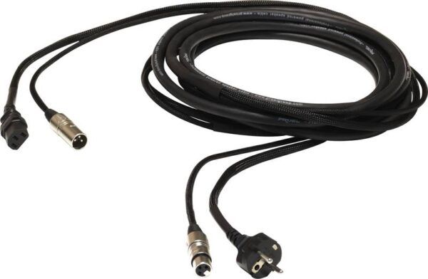 CABLE CORRIENTE Y AUDIO Cable Phono-Rete : en un mismo cable incropora tres conductores para corriente aislados individualmente y un par de conductores aislado para señal. Con conectores 16A Shucko y XLRh en un extremo y ECtripolar y XLRm en el otro. 20m.