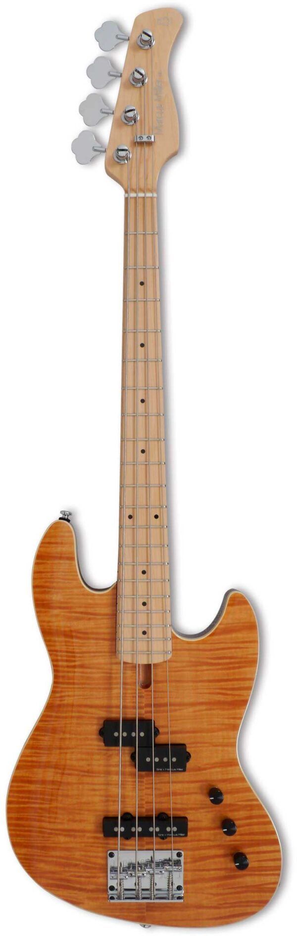 BAJO DE 4 CUERDAS 'Marcus Miller Bass. 2nd Gen. Body Material: North American Alder. Body Shape: Marcus Miller Small Jazz Type (Slim Carved Body). Flamed Veneer Top. Neck Material: 1 Piece Hard Maple. Neck Shape:  C-Shape. Scale: 30'' (Short Scale). Fingerboard Material: Hard Maple(Rolled Edges). Fingerboard Radius: 9.5''. Frets: 2.4mm Medium. String Nut: Bone Nut