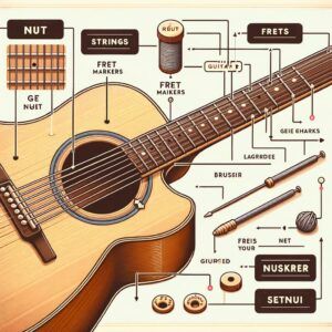 Componentes de una guitarra mostrando los trastes y las diferentes partes